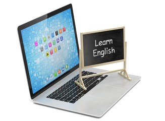  Laptop with chalkboard, learn english, online education concept. 3d rendering.