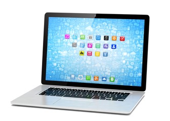 3d rendering of a laptop with blue wallpaper with app icon