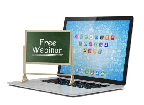Laptop with chalkboard, free webinar, online education concept. 3d rendering.