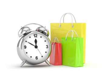 alarm clock and shopping bag (time to buy concept). 3d rendering.