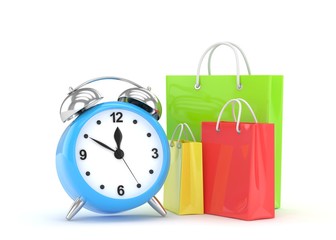 alarm clock and shopping bag (time to buy concept). 3d rendering.