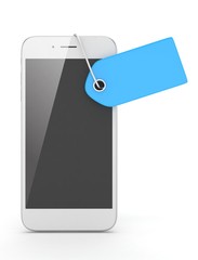 White smart phone with blue price tag on white background. Identification, price, label. 3D rendering.