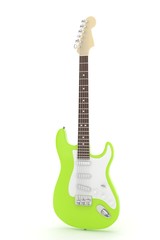 Naklejka premium Isolated green electric guitar on white background. Musical instrument for rock, blues, metal songs. 3D rendering.