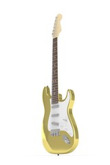 Naklejka premium Isolated golden electric guitar on white background. Musical instrument for rock, blues, metal songs. 3D rendering.