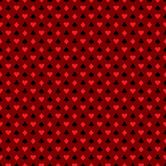 Vector seamless casino pattern illustration with playing card symbols on dark red background.