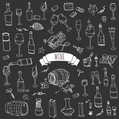 Hand drawn wine set icons Vector illustration Sketchy wine tasting elements collection Wine objects Cartoon wine symbols Vineyard background Vector wine background Winery illustration Grape Wine glass