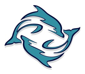 A logo with blue dolphins in a jump.