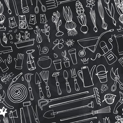 Spring garden doodle seamless pattern.Chalk Tools,plants