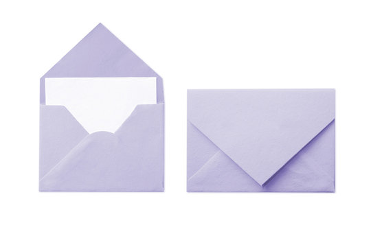 Purple envelope with blank white card isolated on white backgroun