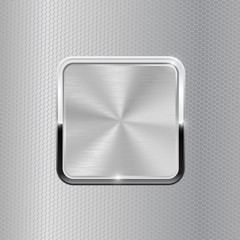 Metal square button with chrome frame on steel background.