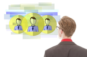 Young businessman looking at virtual friends isolated on white background