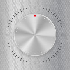 Steel round button on metal background, web icon with metallic f