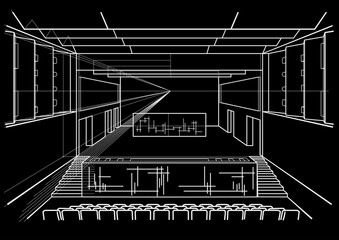 Linear architectural sketch concert hall on black background