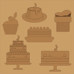 Card with six big cream layered cakes over a brown background, in black outline style. Digital vector image.