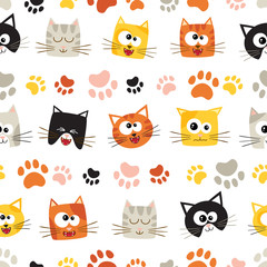 Vector seamless pattern with cute cartoon cats. Seamless pattern