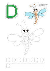 Trace game for letter D. Dragonfly.