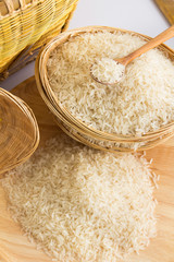 Raw and uncooked rice in wooden spoon,shallow Depth of Field,Focus on rice.