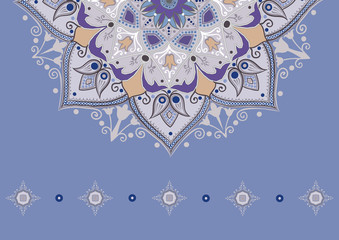 The drawing of a background in violet and blue colors with round geometric pattern - mandala