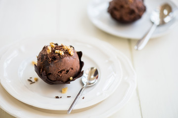 Chocolate Ice Cream Scoop is laying on Chocolate Homemade Bow