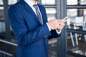 Businessman text messaging on smartphone