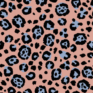 Vector seamless leopard print. Animal skin pattern. Spots of wild animals hand painted watercolor ornament. Coral and blue steel tones.