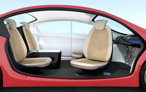 Self-driving car interior concept. The front seats could turned to rear side, help passengers talking face to face.  3D rendering image with clipping path.