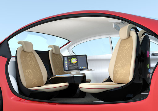 Self-driving car interior concept. Driver seats could turned to rear side, people can have short meeting while they on the way.  3D rendering image with clipping path.