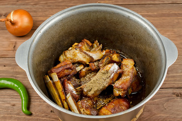 Cooking stew simmered with tender lamb meat, potatoes and vegeta