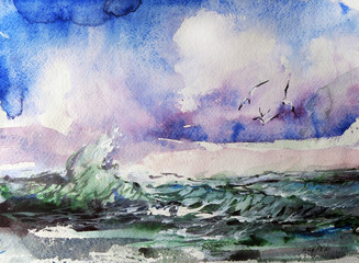 Seascape. Clouds over the sea. Watercolor.