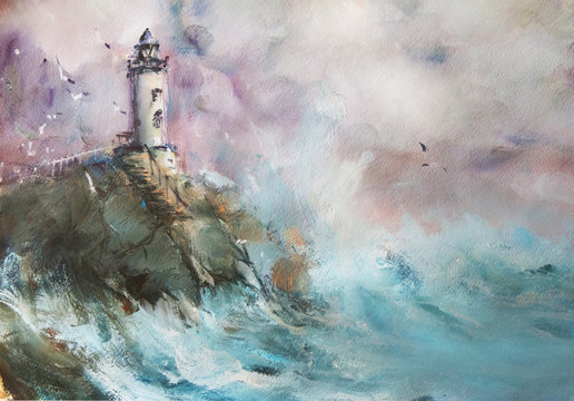 Lighthouse. Seascape. Oil.