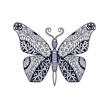 Hand drawn butterfly in zentangle style. Black and white