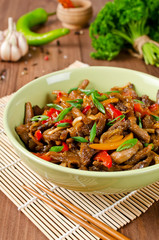 Stir fry pork, sweet peppers, onions and garlic