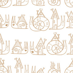 Seamless pattern with cute cartoon snails and their houses on  white  background. Vector image. Children's illustration. Contour image.