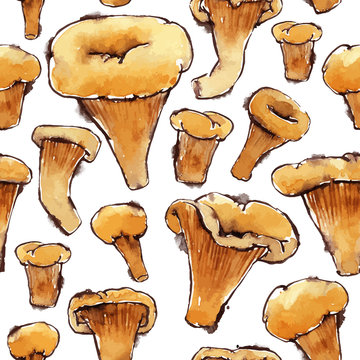 Seamless Pattern with Vector Watercolors Chanterelles