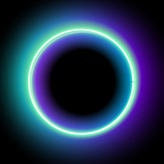 Neon circle. Neon blue light. Vector electric frame. Vintage frame. Retro neon lamp. Space for text. Glowing neon background. Abstract electric background. Neon sign circle. Glowing electric circle.