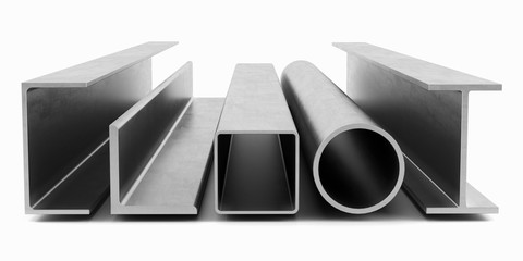 Samples of steel beams and pipes on white background. 3D rendering - 109863162