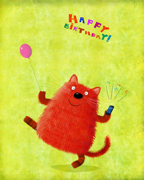 Birthday Card Cat Holding Balloon And Ringing Phone