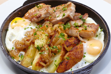 fried meat with potatoes and egg