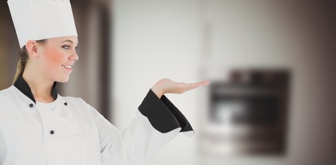 Composite image of portrait of a woman chef 