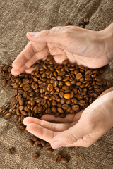 coffee beans and woman hands