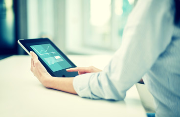 close up of woman hands with tablet pc at office