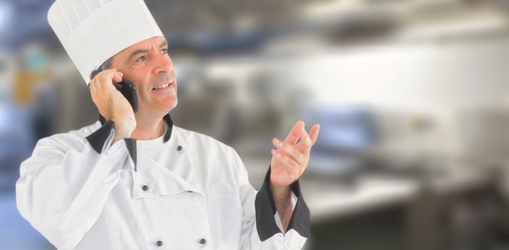Composite image of a chef calling on the phone