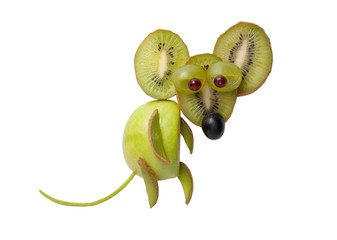 Mouse made of kiwi and apple on white background