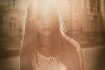 double exposure portrait of pretty girl