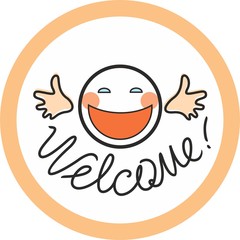 Welcome, happy face, icon. Round face laughs and invites. Vector icon. Coloured, cheerful, contour image on a white background. 
