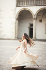 Beautiful girl, model with long hair posing in old castle near columns. Krakow Vavel