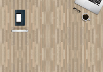 Office desk top view mock up image. Wooden background