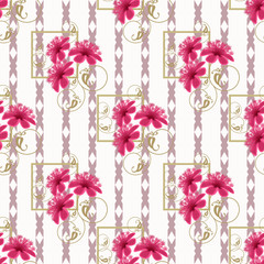 Obraz premium Seamless pink floral pattern striped white background