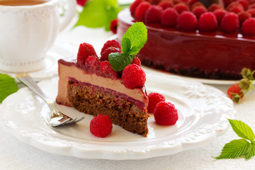 chocolate brownie cake with raspberries.