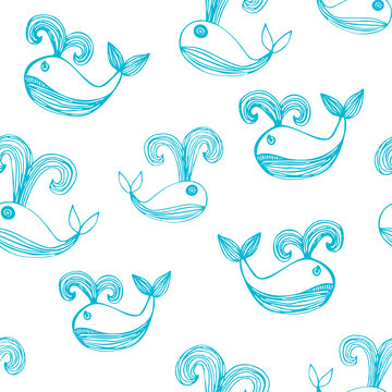 Seamless texture with cute whales. Endless hand drawn blue and white vector pattern. Template for design textile, backgrounds, packages, wrapping paper